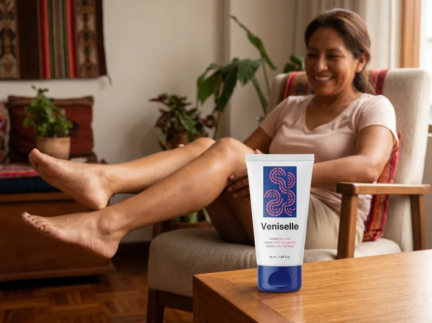 Veniselle cream tube next to fresh botanical herbs — natural leg care